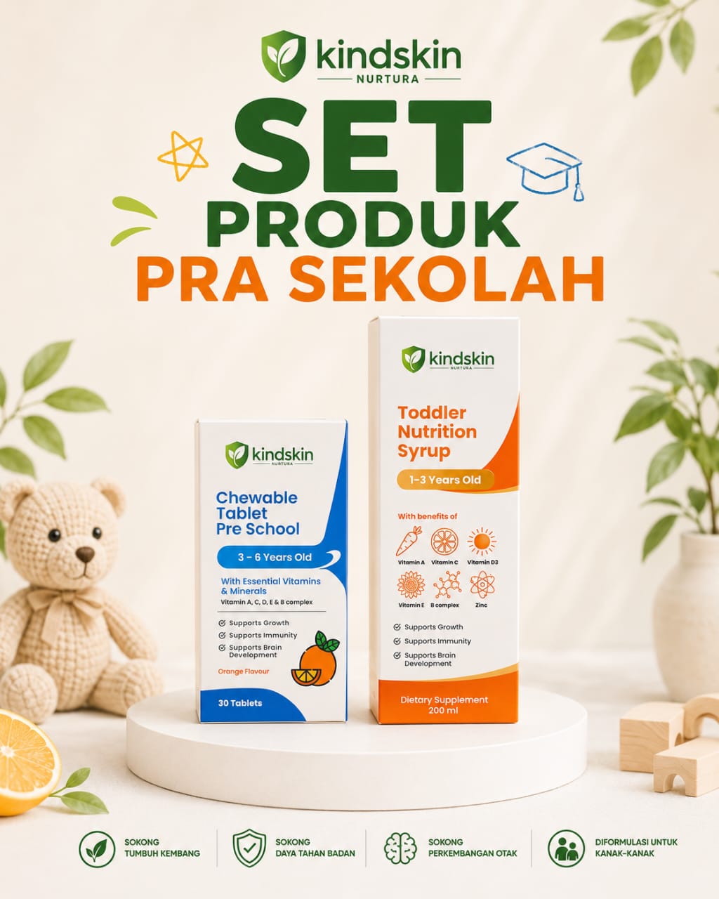 Kindskin Set Pra Sekolah (Toddler Nutrition Syrup + Chewable Tablet Pre School)